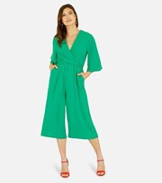 Mela Green Wrap Wide Leg Crop Jumpsuit